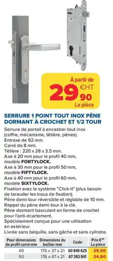 Prolians Serrure 1 point tout inox pêne dormant à crochet et 1/2 tour offre