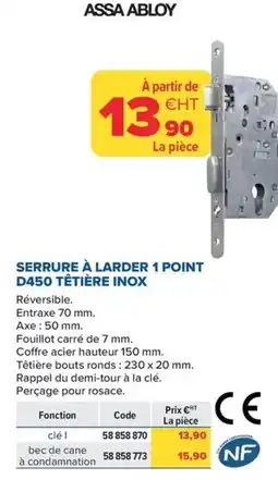 Prolians Serrure à larder 1 point d450 têtière inox offre