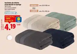 Lidl Serviettes de toilette et de douche en éponge offre