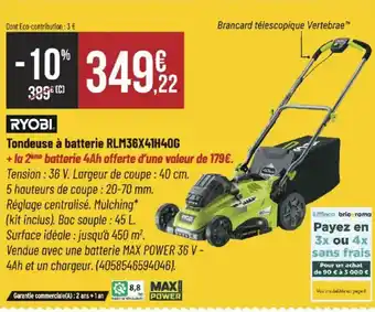 Bricorama RYOBI Tondeuse à batterie rlm36x41h40g offre