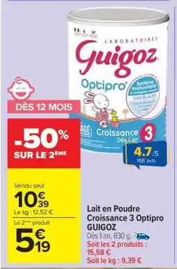Carrefour Market Lait en Poudre Croissance 3 Optipro GUIGOZ offre