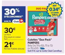 Carrefour Culottes Duo Pack PAMPERS offre