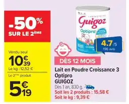 Carrefour Lait en Poudre Croissance 3 Optipro GUIGOZ offre