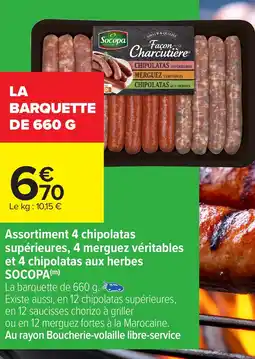 Carrefour Market SOCOPA Assortiment 4 chipolatas supérieures, 4 merguez véritables et 4 chipolatas aux herbes offre