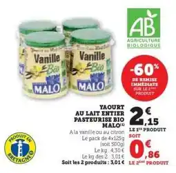 Hyper U Yaourt au lait entier pasteurisé bio Malo offre