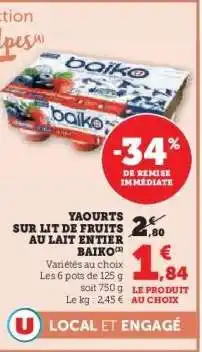 Hyper U Yaourts sur lit de fruits au lait entier Baïko offre