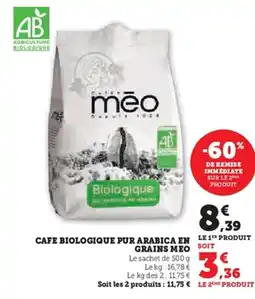 Super U MEO Cafe biologique pur arabica en grains offre