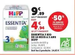 Hyper U ESSENTIA 3 BIO DE 10 MOIS A 3 ANS HIPP offre