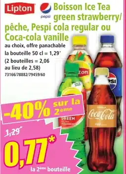 Norma Boisson Ice Tea pepsi green strawberry/ pêche, Pespi cola regular ou Coca-cola vanille offre