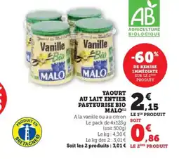 Super U MALO Yaourts au lait entier pasteurise bio offre