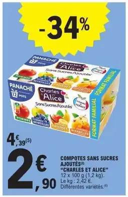 E.Leclerc COMPOTES SANS SUCRES AJOUTÉS CHARLES ET ALICE offre