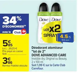 Carrefour DOVE ADVANCED CARE Déodorant atomiseur lot de 2 offre