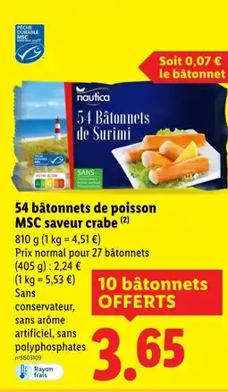 Lidl NAUTICA 54 Bâtonnets de Surimi MSC saveur crabe offre