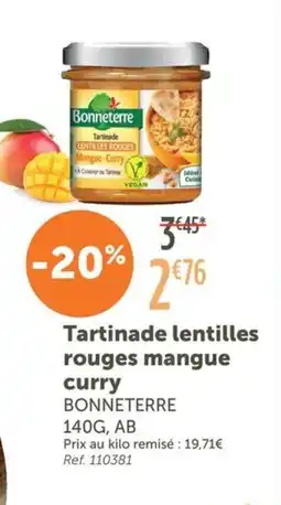 L'Eau Vive BONNETERRE Tartinade lentilles rouges mangue curry offre