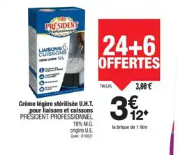 Promocash PRESIDENT PROFESSIONNEL Crème légère stérilisée U.H.T. pour liaisons et cuissons offre