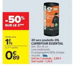 Carrefour 20 sacs poubelle 20L CARREFOUR ESSENTIAL offre