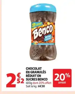 Auchan Supermarché BENCO Chocolat en granulés réduit en sucres offre