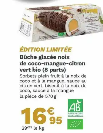 Picard Bûche Glacée Noix De Coco-mangue-citron Vert Bio (8 Parts) offre