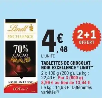 E.Leclerc TABLETTES DE CHOCOLAT NOIR EXCELLENCE “LINDT” offre