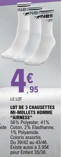 E.Leclerc LOT DE 3 CHAUSSETTES MI-MOLLETS HOMME AIRNESS offre