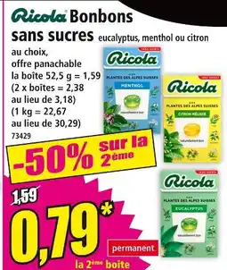 Norma RICOLA Bonbons sans sucres eucalyptus, menthol ou citron offre