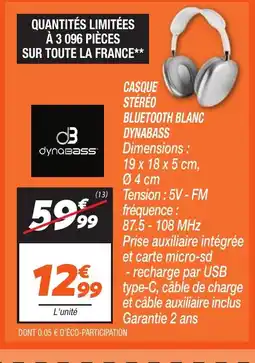 Netto Casque stéréo bluetooth blanc dynabass offre