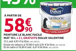 Mr Bricolage Dulux Valentine Peinture Le Blanc Facile Mat 10 L + 2 L gratuits offre