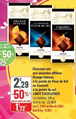 G20 LINDT Chocolat noir aux amandes effilées Orange Intense, à la pointe de Fleur de Sel ou Caramel offre