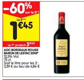 Leader Price Aoc bordeuax rouge baron de lastac 2018 offre