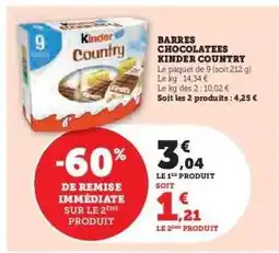 Super U Barres Chocolatées Kinder Country offre
