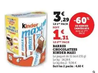 Super U BARRES CHOCOLATÉES KINDER MAXI offre