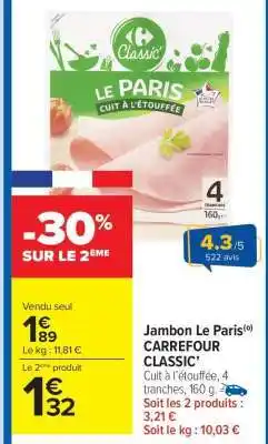 Carrefour Market Jambon Le Paris CARREFOUR CLASSIC' offre