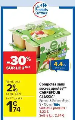 Carrefour Market Compotes sans sucres ajoutés CARREFOUR CLASSIC’ offre
