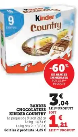 U Express KINDER COUNTRY Barres chocolatees offre