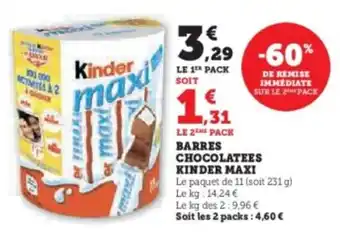 Hyper U Barres chocolatees kinder maxi offre