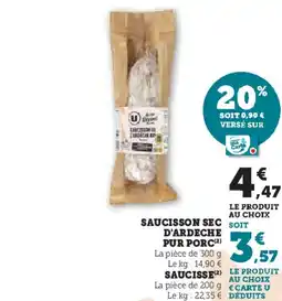 U Express Saucisson sec d'ardeche pur porc offre