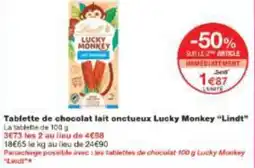 Monoprix Tablette de chocolat lait onctueux lucky monkey lindt offre