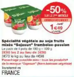 Monoprix Spécialité végétale au soja fruits mixés sojasun framboise passion offre