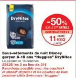 Monoprix Sous vêtements de nuit disney garçon 8 15 ans huggies drynites offre
