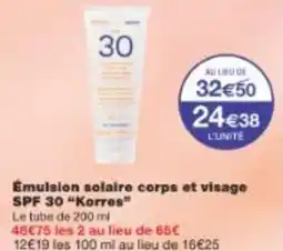 Monoprix Émulsion solaire corps et visage spf 30 korres offre