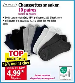 Norma TOPTEX Chaussettes sneaker, 10 paires femme ou homme offre