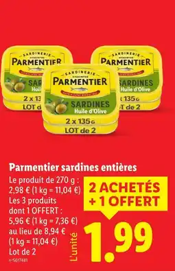 Lidl PARMENTIER Sardines entières Huile d'Olive offre