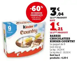 Super U KINDER COUNTRY Barres Chocolatées offre
