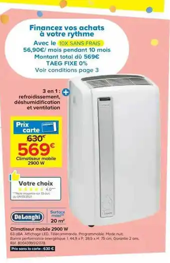Castorama Climatiseur Mobile 2900 W Dëlonghi offre