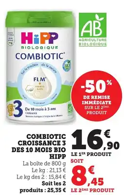 Bi1 HIPP Combiotic croissance 3 des 10 mois bio offre