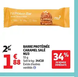 Auchan NU3 Barre protéinée caramel salé offre