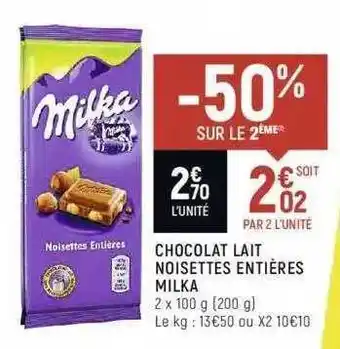 Spar Chocolat Lait Noisettes Entières Milka offre