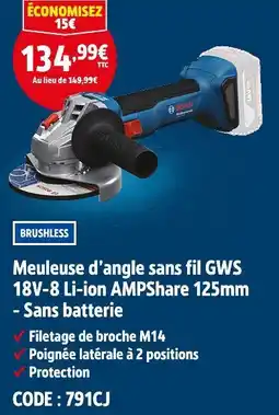 Screwfix BOSCH Meuleuse d’angle sans fil GWS 18V-8 Li-ion AMPShare 125mm - Sans batterie offre