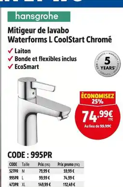 Screwfix HANSGROHE Mitigeur de lavabo waterforms l coolstart chromé offre