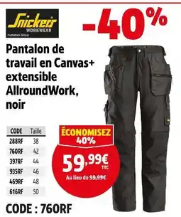 Screwfix SNICKERS WORKWEAR Pantalon de travail en Canvas+ extensible AllroundWork, noir offre